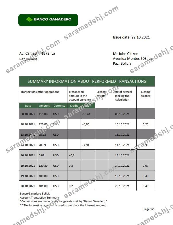 Bolivia Banco Ganadero bank statement template, Word and PDF format